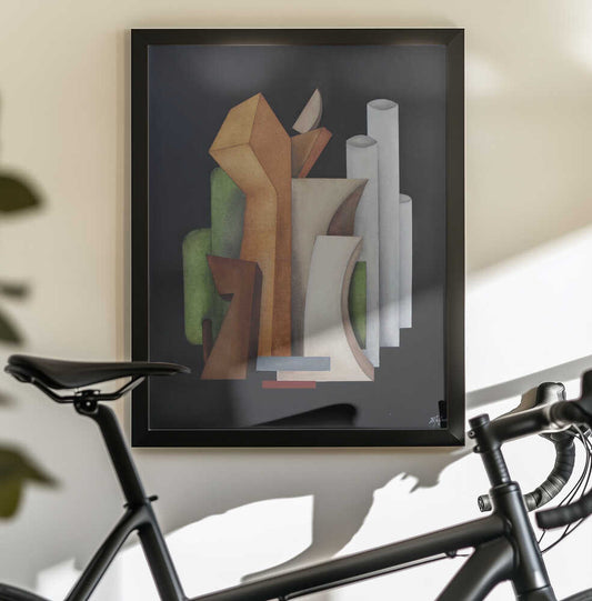 12 tones of Arnold Schoenberg by Alexander Trifonov, black-framed artwork above a bicycle; warm angular forms and pale upright cylinders on charcoal.