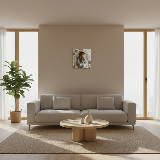 Canvas small size of product 16 in by 20 inches advertising style shot, soft sun shadow, empty penthouse, scandinavian minimalism, neutral warm, detailed in living room