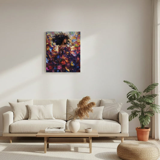 Canvas Product hanged in living room advertising style shot, soft sun shadow, empty penthouse, scandinavian minimalism, neutral warm, detailed
