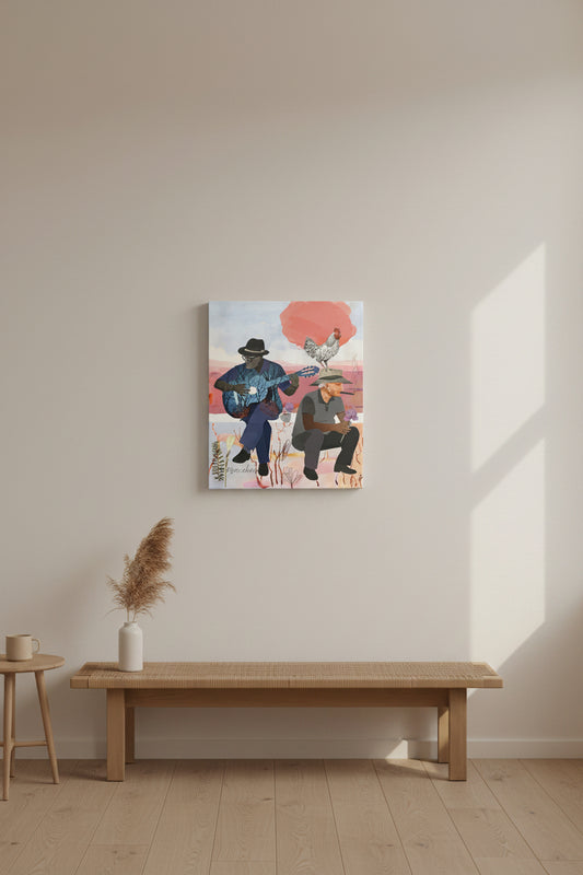 Escuchas | Cuban Men Guitar & Rooster Canvas Print | Latino Heritage Wall Art