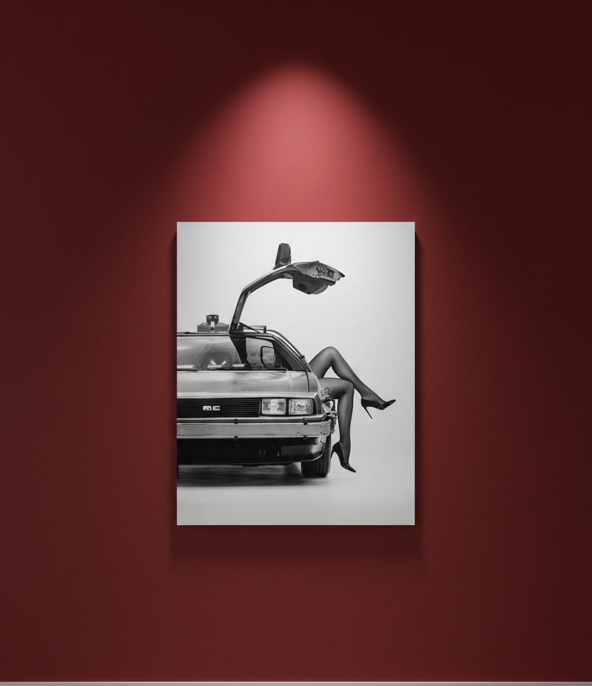 Black & White DeLorean Wall Art 16in x 20in Canvas Print