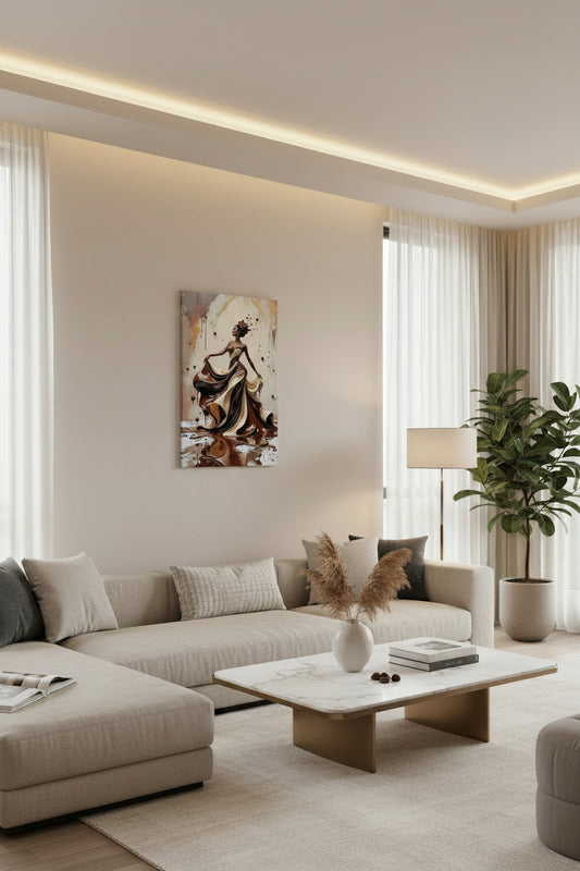 A chocolate drip cover princess royal canvas print sit on the center of the living room hang on the wall .