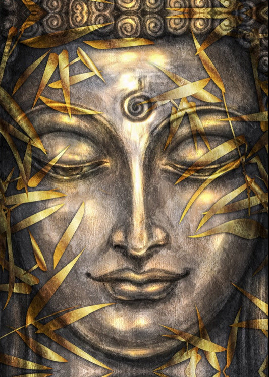BUDDHA STATUE GOLD LEAVES CANVAS ART 24inx36in