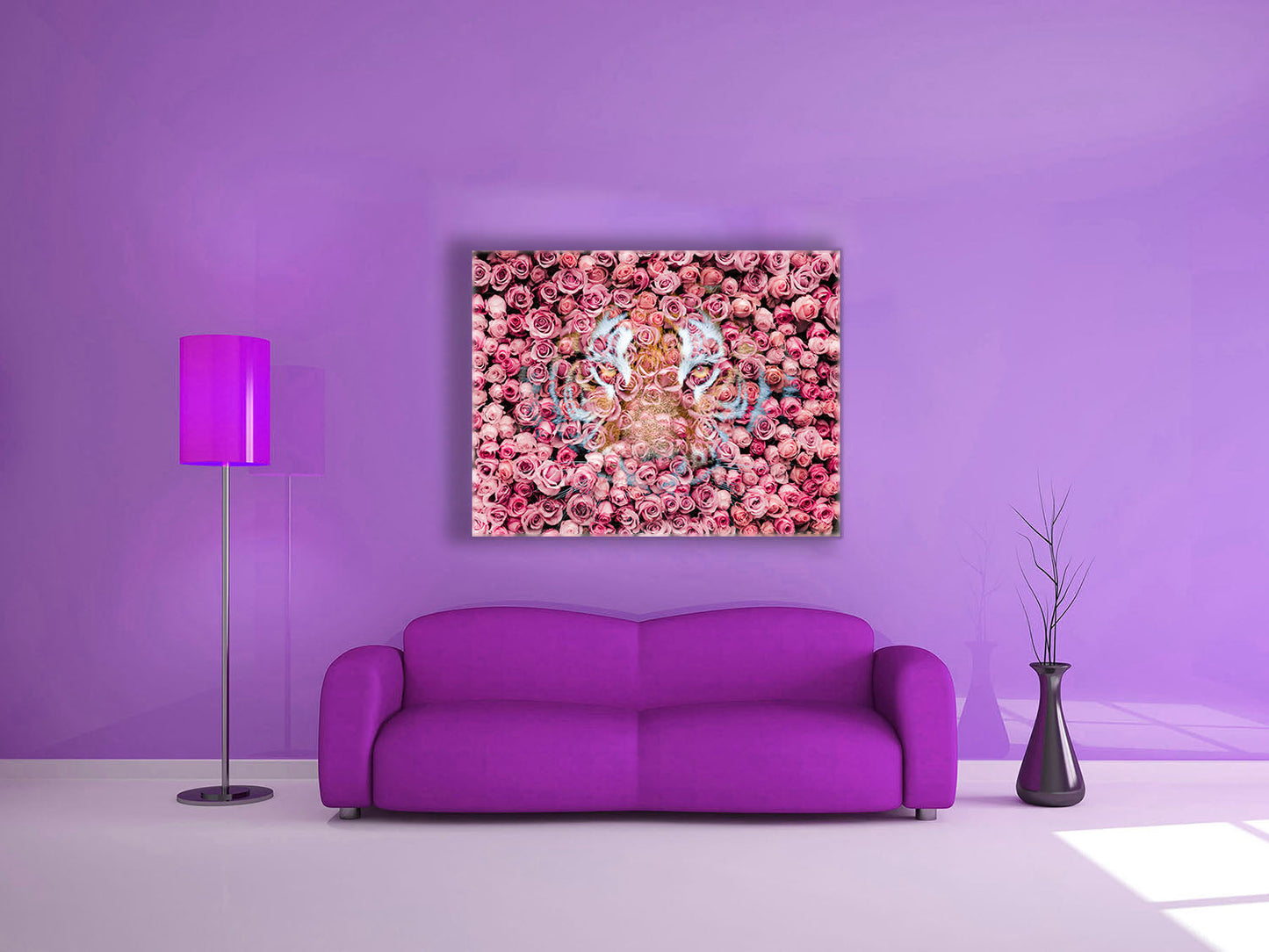 Tiger in Roses Wildlife Animal Art-48" X 36" Canvas Print with Gold varnish