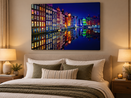 Amsterdam Canal at Night Canvas Print | Colorful Dutch Cityscape Wall Art