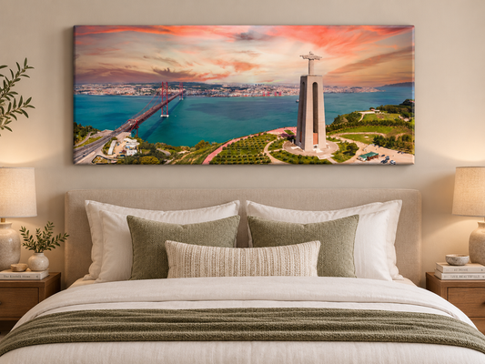 Lisbon Skyline & Cristo Rei Canvas Print | Panoramic Portugal Sunset Wall Art