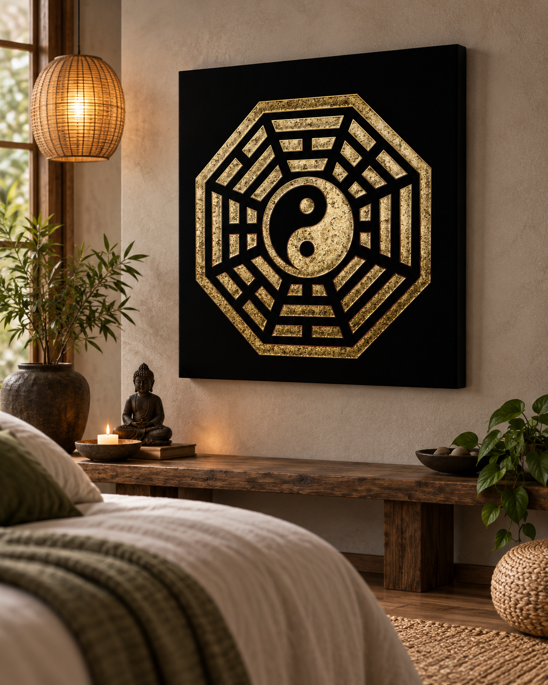 Bagua Yin Yang | Black & Gold Glitter Canvas Print | Feng Shui Wall Art