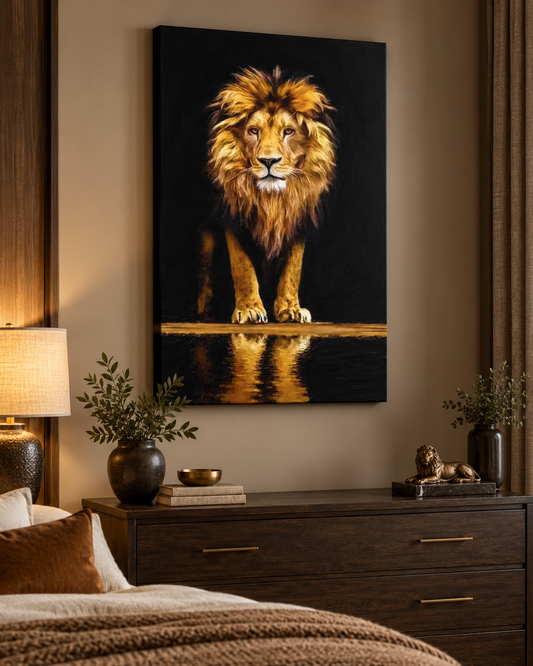 Leo Reflection | Majestic Lion Canvas Print | Black & Gold Animal Wall Art