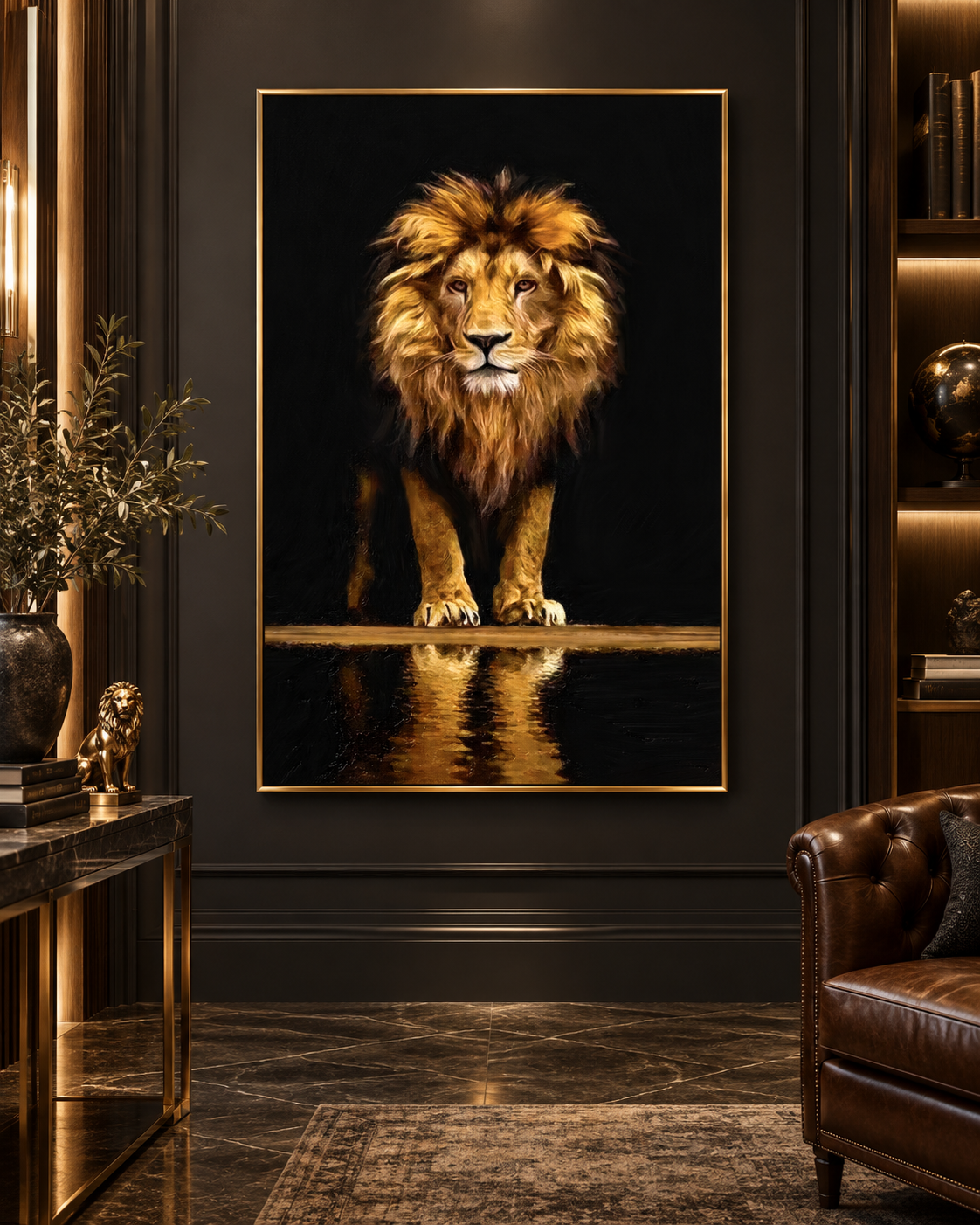Leo Reflection | Majestic Lion Canvas Print | Black & Gold Animal Wall Art