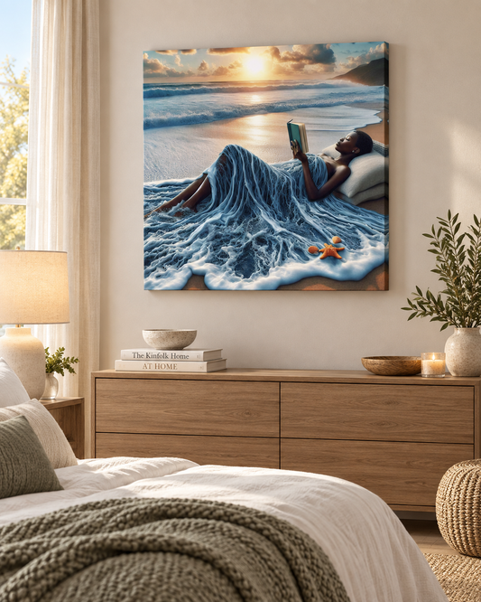 A Good Read by The Ocean | Surrealist Canvas Print | Black Woman Reading Beach Wall Art