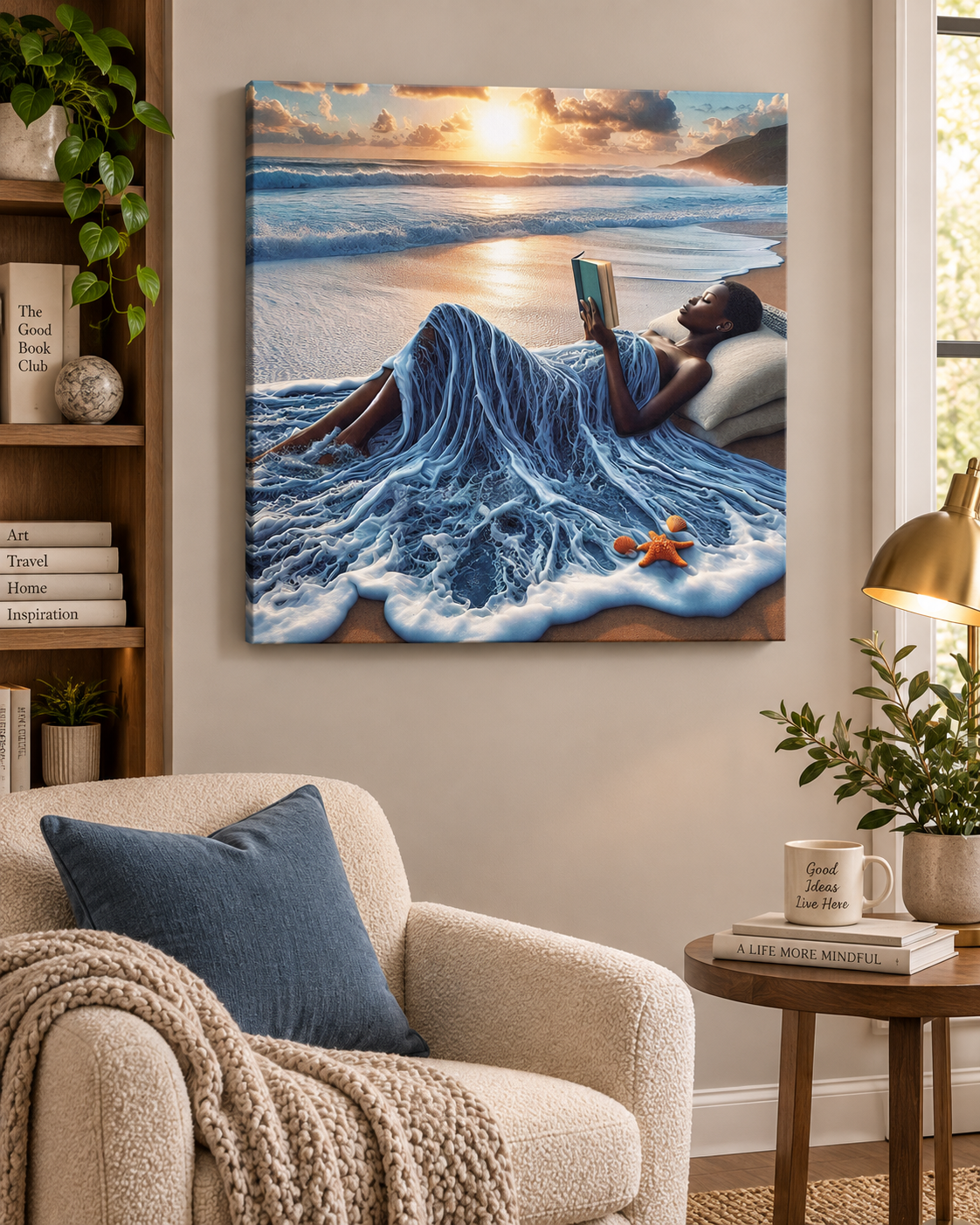 A Good Read by The Ocean | Surrealist Canvas Print | Black Woman Reading Beach Wall Art