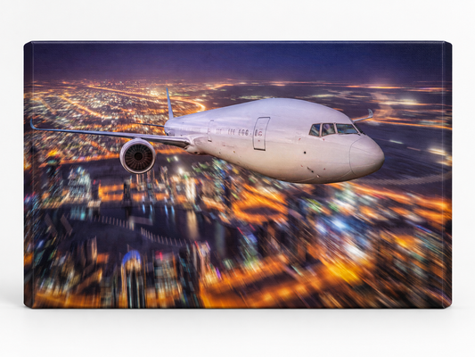 City Lights Flight | Canvas Print | Aviation Night Photography Wall Art