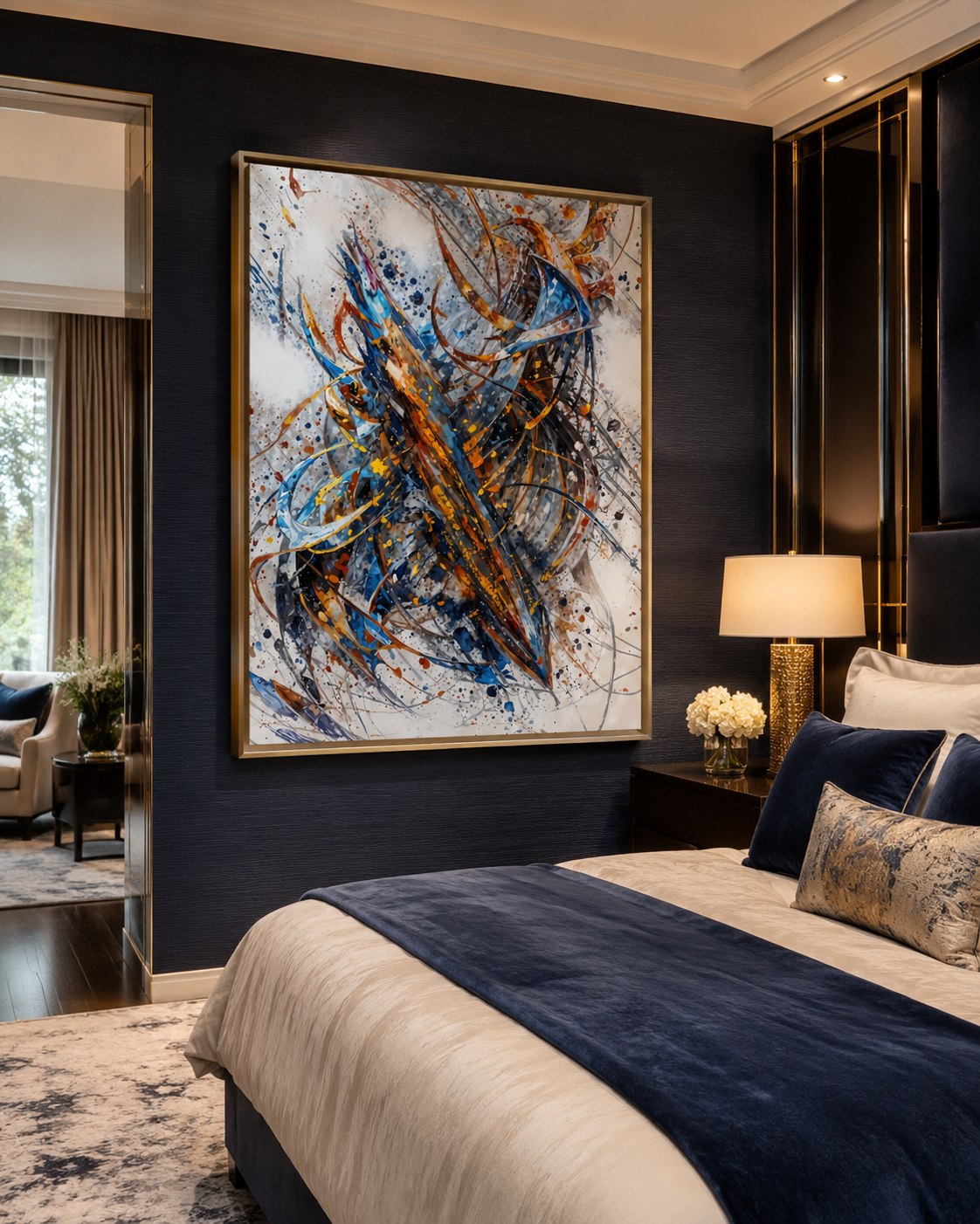 Electric Momentum – Blue, Orange & Gold Abstract Canvas Wall Art