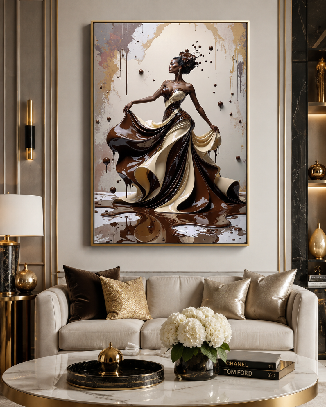 A large framed wall art piece hangs above a beige sofa in a modern living room. The artwork depicts a woman in a flowing dark and cream gown with gold accents, rendered in a painterly, metallic style.