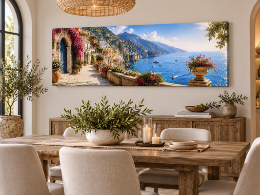 Mediterranean Escape Wall Art | 72" x 24" Panoramic Canvas Print | Coastal Decor