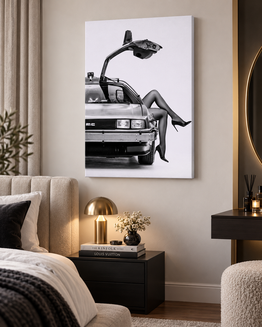 DeLorean DMC-12 Wall Art | Black & White Canvas Print | Iconic Car Decor