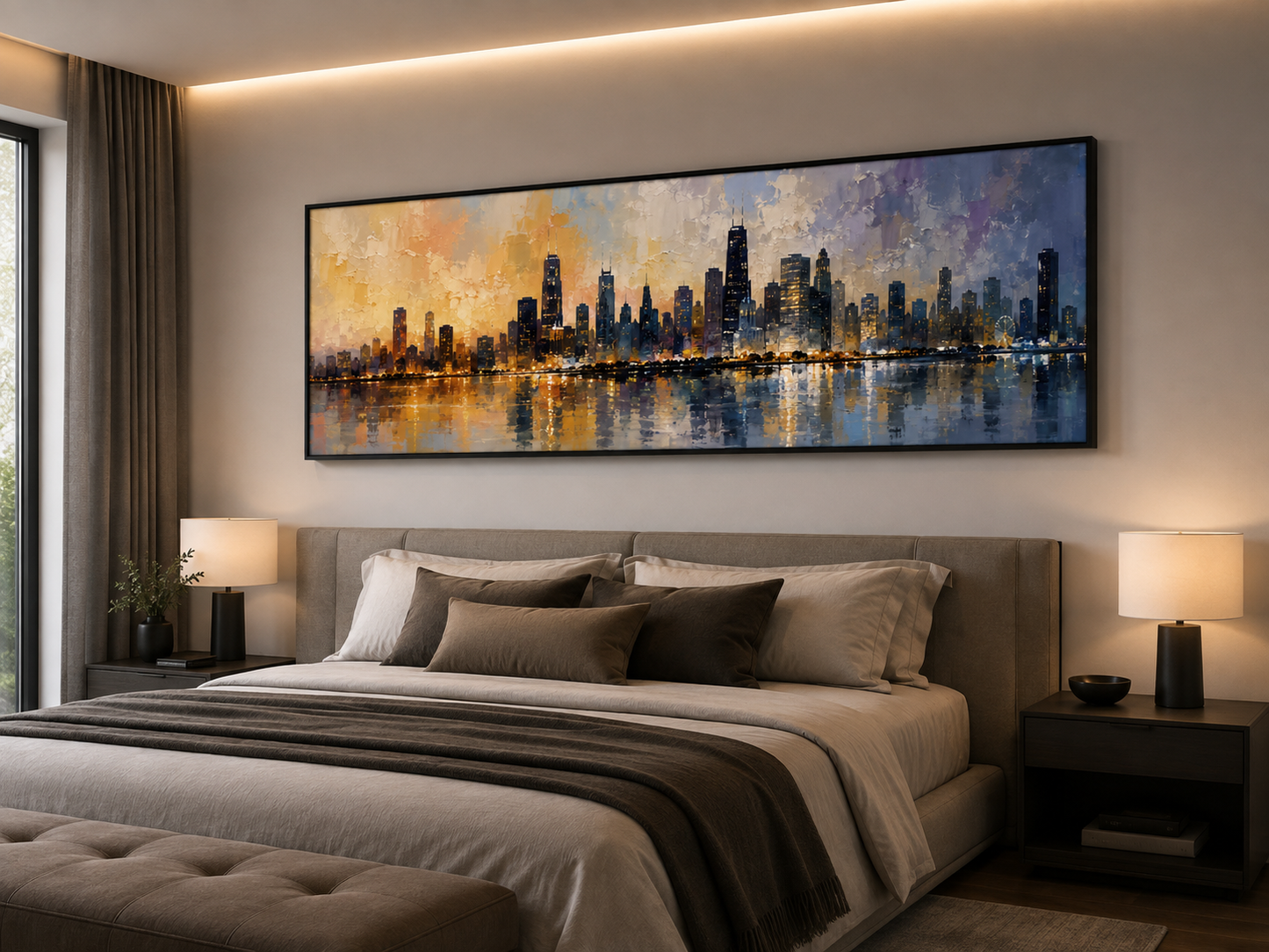 Golden Harbor – Blue & Gold Abstract City Skyline Panoramic Canvas Wall Art