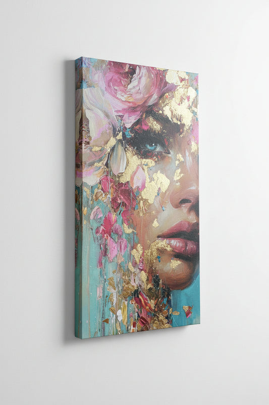 Modern Abstract Turquoise & Gold Portrait 24in x 48in Fine Art Canvas Print Varnished