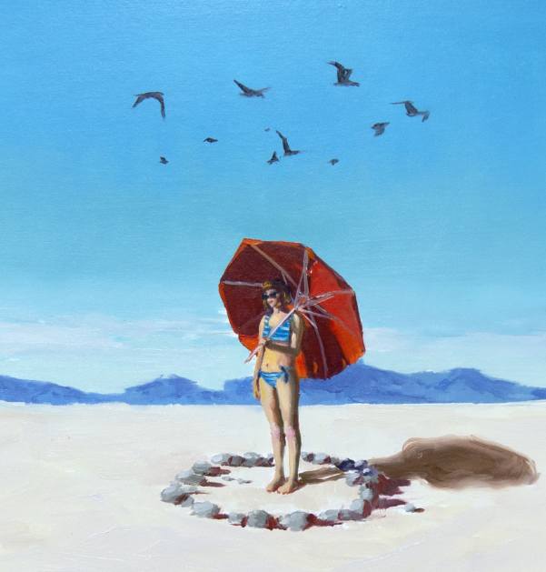 Lady at the beach red umbrella 8"x 8" Varnished Canvas Print