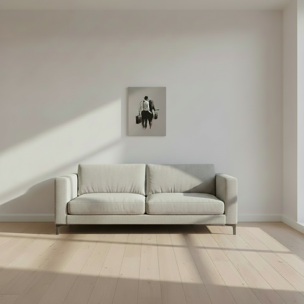 Canvas display in minimal display advertising style shot, soft sun shadow, empty penthouse, scandinavian minimalism, neutral warm, detailed a light grey furniture