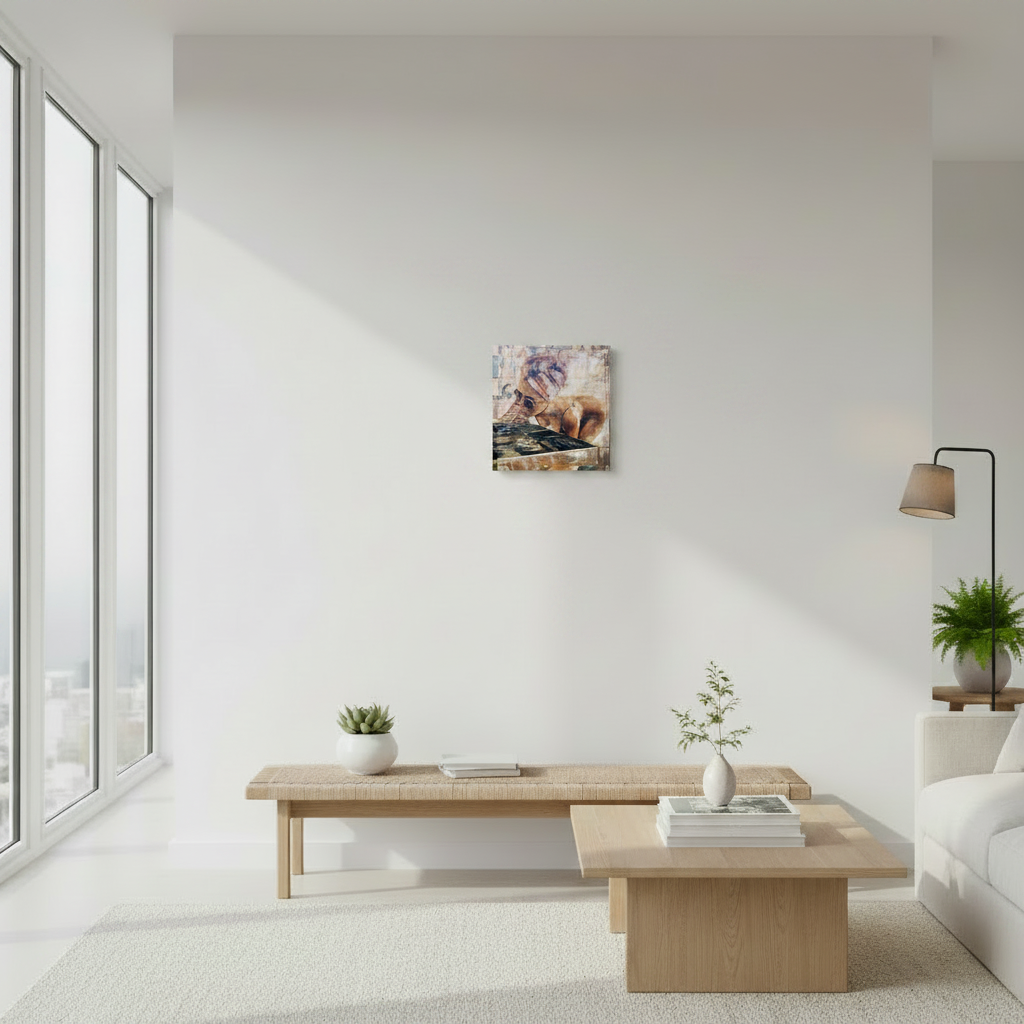 Canvas display on wall minimal white color palette . Window shine from the outside beam through the living room .