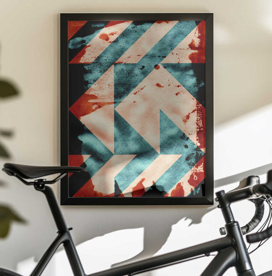 Abstract Geometric Shapes by Petr Strnad, black-framed artwork above a bicycle; teal and cream diagonal blocks with distressed red accents and sharp chevron shapes.