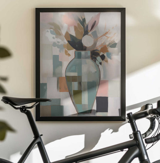 Abstract Vase by Andreas Magnusson, black-framed artwork above a bicycle; a teal vase of muted flowers and leaves over layered geometric color blocks.