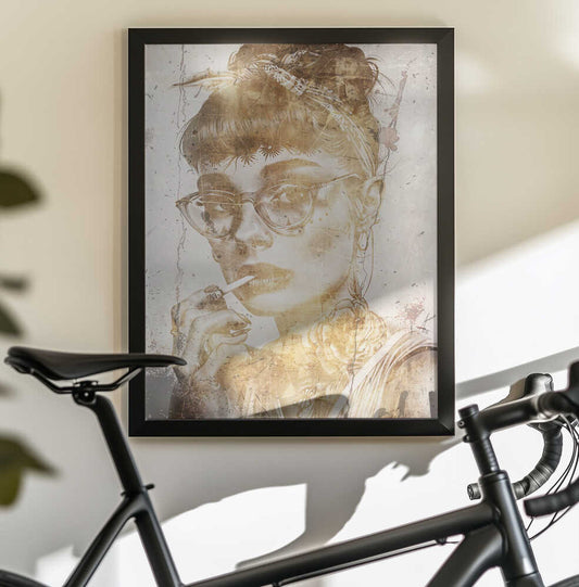 Audrey 03 by Rafal Kulik, black-framed artwork above a bicycle; a sepia-toned portrait with an updo, glasses and layered decorative patterns.