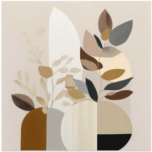 Beauty In Beige Fauna by Bella Eve, front view of the artwork; layered cream and beige vessel-like shapes with stylized brown, gray and ochre leaves.