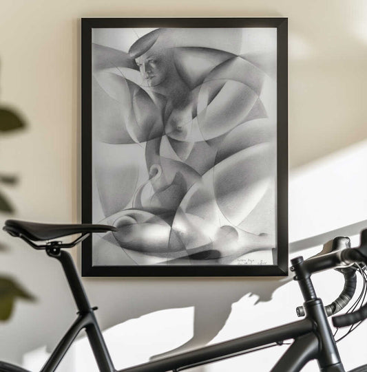 Bettie Page - 28-08-17 by Corné Akkers, black-framed artwork above a bicycle; a grayscale portrait and figure interwoven with rounded abstract planes.