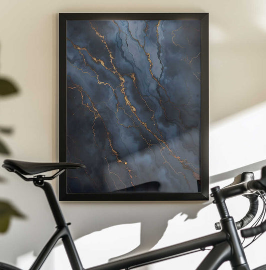 Blackout With Gold Vibes by Kintsugi99 — black-framed canvas displayed behind a bicycle