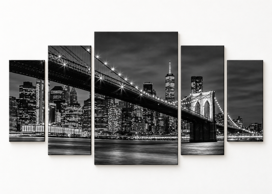Brooklyn Bridge in Black and White Compact 5 gallery-wrapped canvas set; illustrative front view, see size guide for dimensions