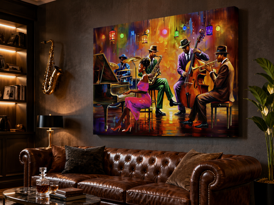 A large rectangular canvas wall art print depicting a colorful jazz band performing on stage, displayed above a brown leather sofa in a dimly lit living room.