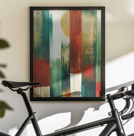 Chromatic Cascade by Miguel Bruzual, black-framed artwork above a bicycle; vertical teal, cream and red bands with overlapping warm circular forms.