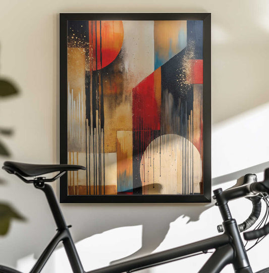 Chromatic Harmony by Miguel Bruzual, black-framed artwork above a bicycle; orange and red geometric fields with cream arcs and fine dark vertical lines.