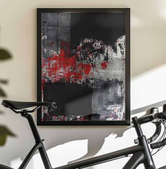 Crimson Echoes by Petr Strnad, black-framed artwork above a bicycle; a broken red band crossing black fields and fine white horizontal stripes.