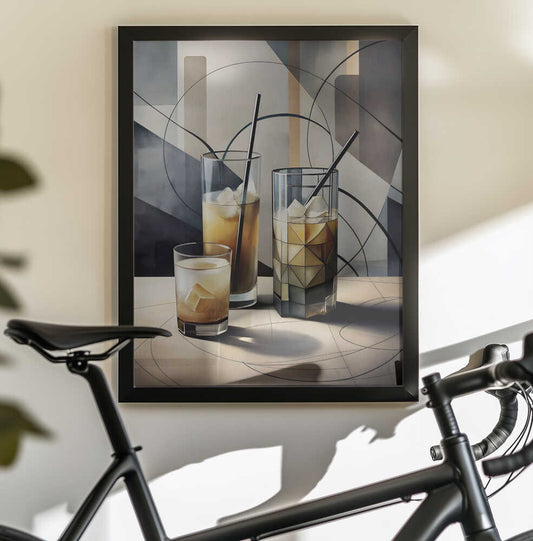 Cubist Cocktails by Miguel Bruzual, black-framed artwork above a bicycle; three glasses of amber-colored drinks against an abstract geometric background.