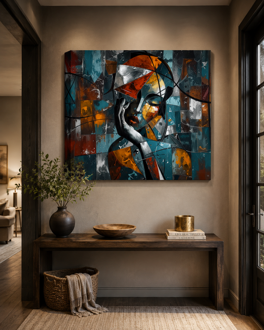 Abstract canvas wall art featuring a stylized face in blue, teal, orange, white, and gray tones, displayed above a dark wood console table in a modern interior hallway.