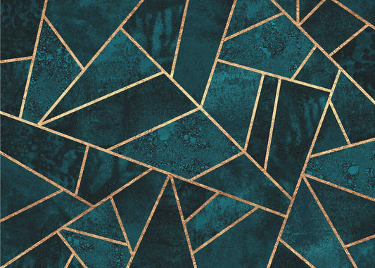 Deep Teal Stone by Elisabeth Fredriksson, front view of the artwork; deep teal stone-like shapes divided by gold-toned lines.
