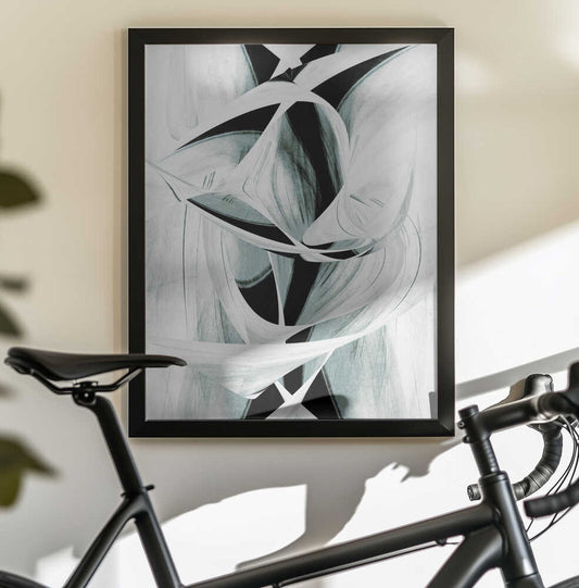 Echoes of Form by Christina Sillen — black-framed canvas displayed behind a bicycle