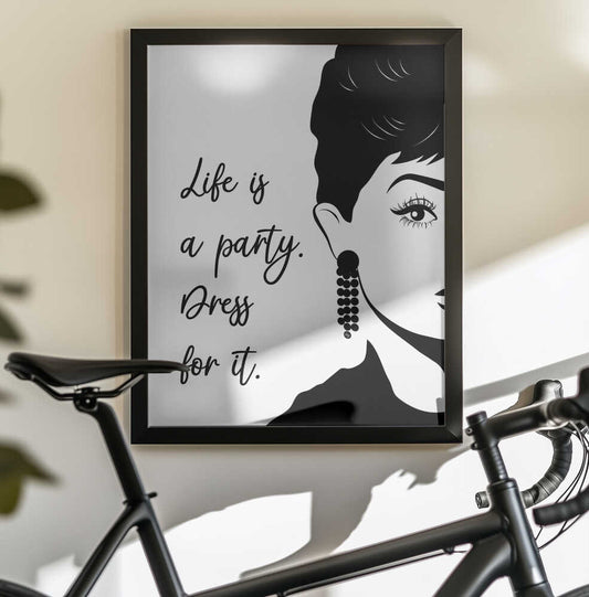 Elegant Celebration by Martina — black-framed canvas displayed behind a bicycle