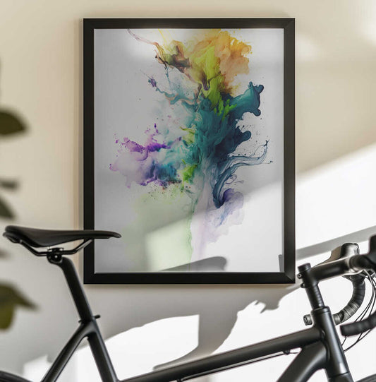 Evaporation by Mauro, black-framed artwork above a bicycle; rising teal and yellow abstraction with violet wisps.