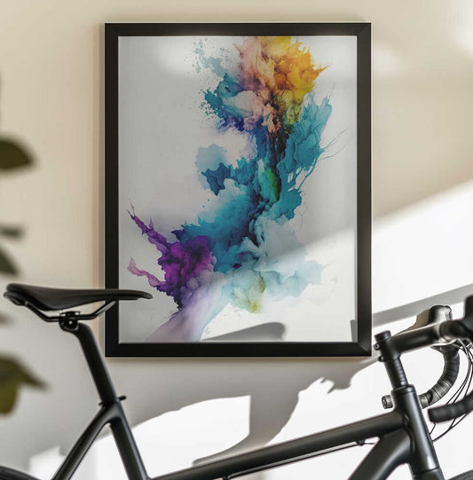 Everything from Blue Tones by Mauro, black-framed artwork above a bicycle; flowing blue and turquoise color with purple and amber bursts.