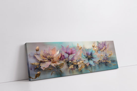 Floral Symphony — wide canvas leaning against a wall