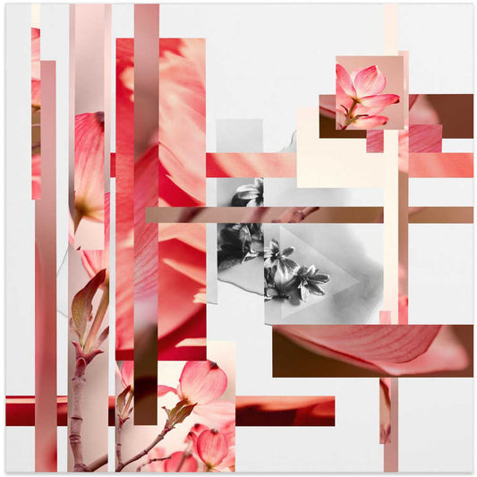 Flowers and Buds, No.1 by Pelin Atilla, front view of the artwork; pink petals and a grayscale flower panel separated by white space and slim bars.