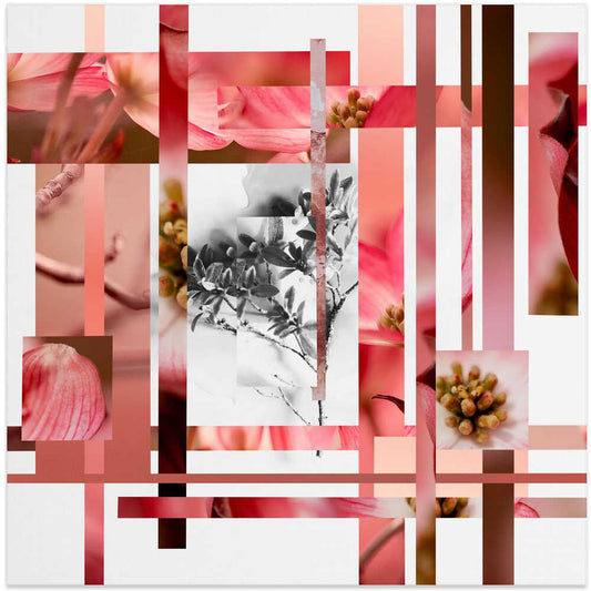 Flowers and Buds, No.2 by Pelin Atilla, front view of the artwork; pink flower close-ups and a grayscale botanical panel arranged within vertical strips.