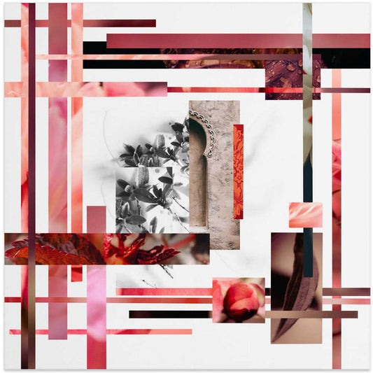 Flowers and Buds, No.3 by Pelin Atilla, front view of the artwork; red and pink floral fragments framing a grayscale botanical panel with crossing bars.
