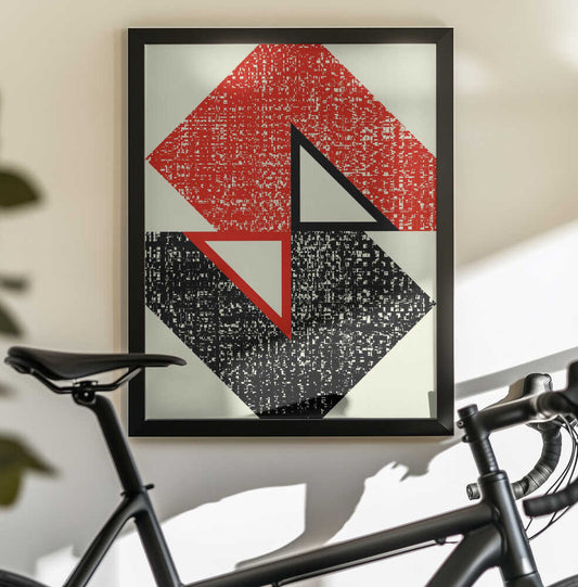 Geometric Contrast by Petr Strnad, black-framed artwork above a bicycle; distressed red and black diamond-like forms with opposing pale triangular openings.