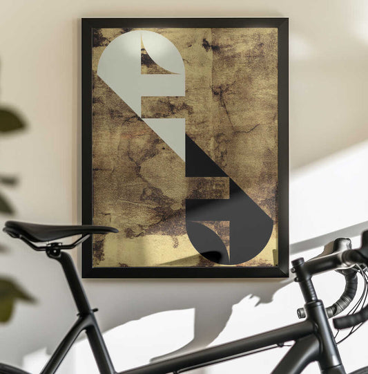 Geometric Echoes by Petr Strnad, black-framed artwork above a bicycle; opposing cream and black angular curves on a mottled ochre background.