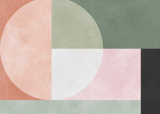 Geometric harmony 4 by Vitor Costa, front view of the artwork; a pale segmented circle over salmon, sage-green and pink rectangular fields.